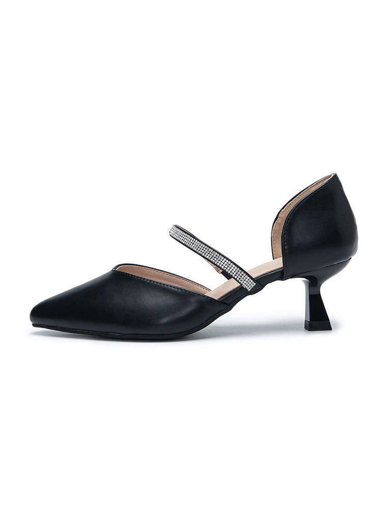 Rhinestone Leather Pointed Toe Low Heels