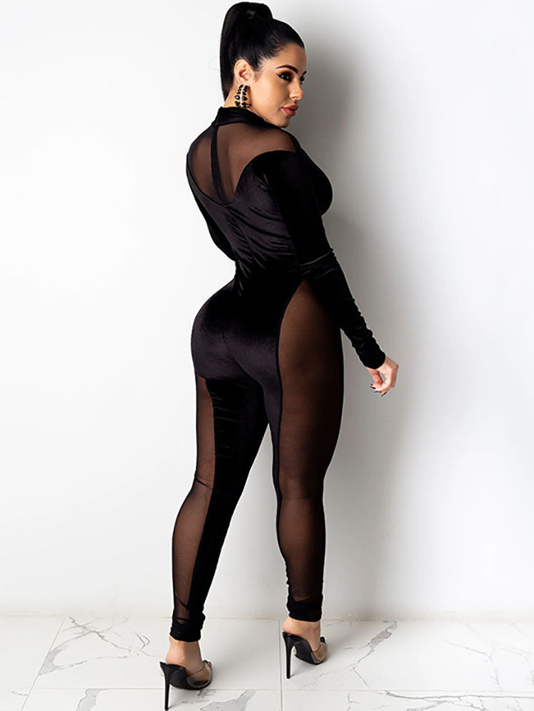 Mesh Long Sleeve Patchwork Jumpsuits