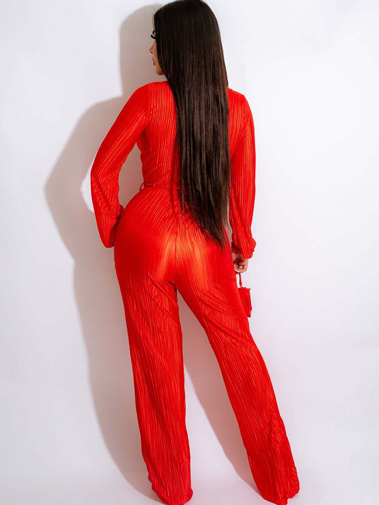 Long Sleeve V Neck Belted Jumpsuits