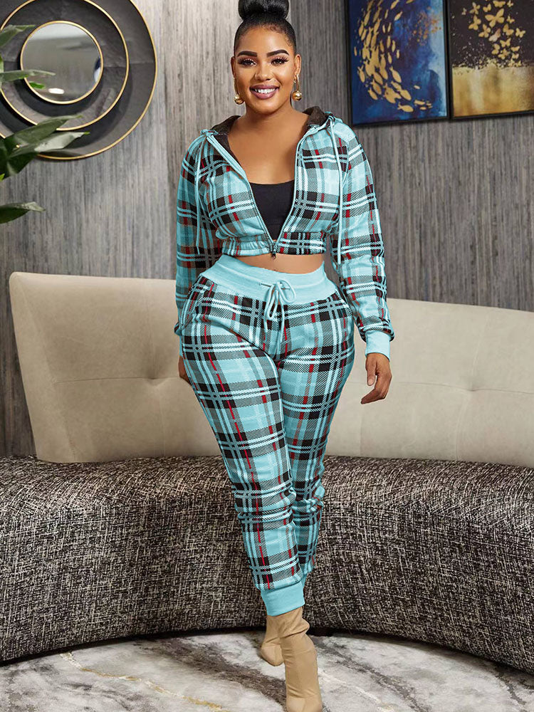 Two Piece Plaid Print Crop Top & Long Pants