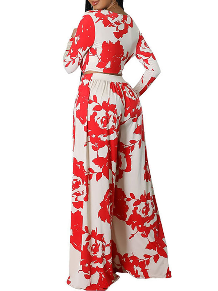 Two Pieve Floral Print Crop Top Wide Leg Pants