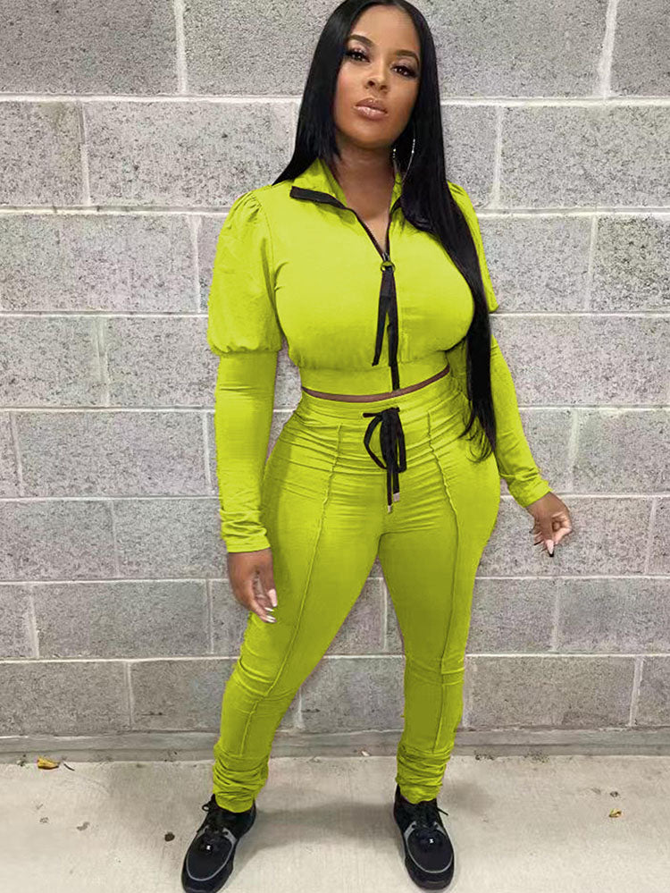 Two Piece Zipper Crop Tops & Drawstring Pants