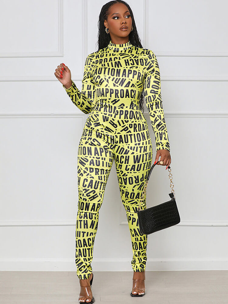 Long Sleeve Letter Print Bodycon Jumpsuits