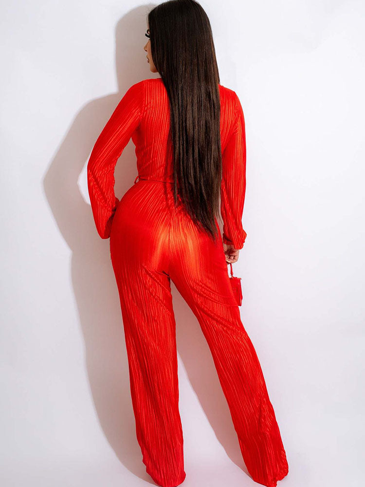 Long Sleeves Pleated Belted Jumpsuits