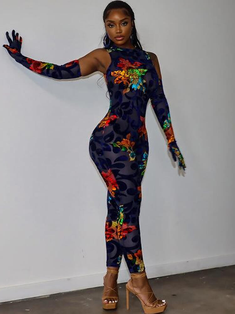 Mesh Floral Print Sleevelesss Bodycon Jumpsuits