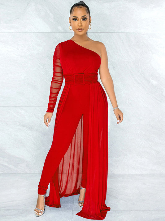 Mesh Patchwork One Shoulder Long Sleeve Jumpsuits