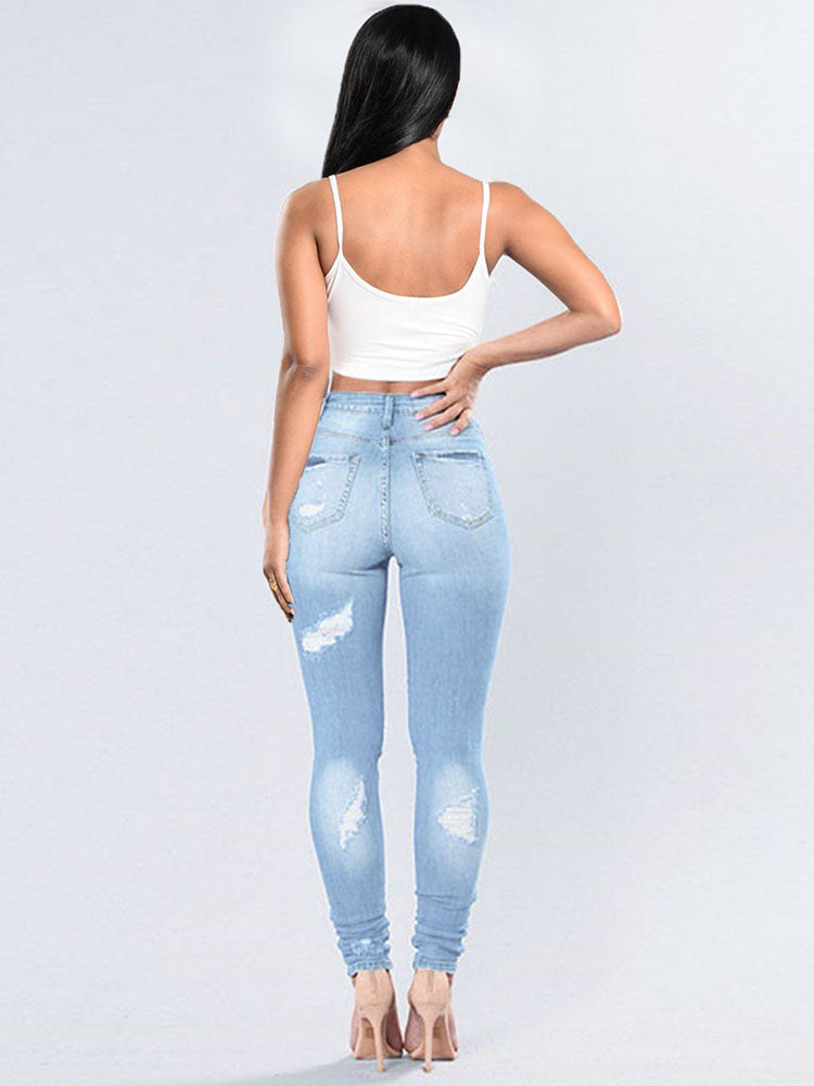 High Waist Ripped Denim Long Pants