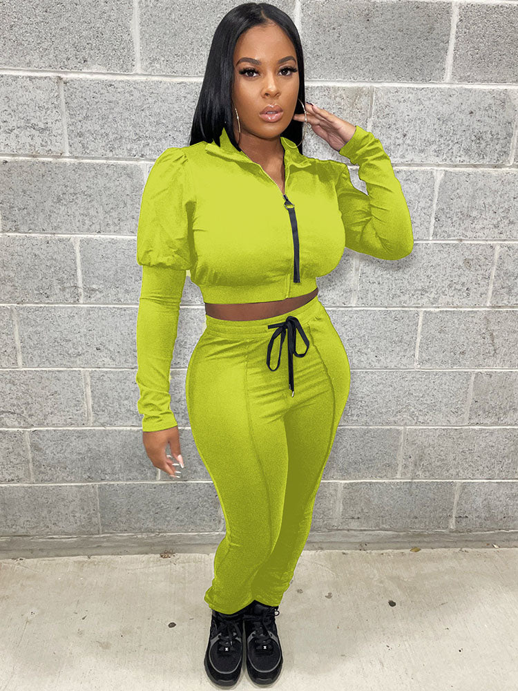 Two Piece Zipper Crop Tops & Drawstring Pants