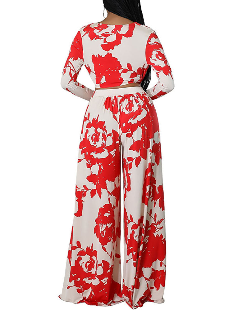 Two Pieve Floral Print Crop Top Wide Leg Pants