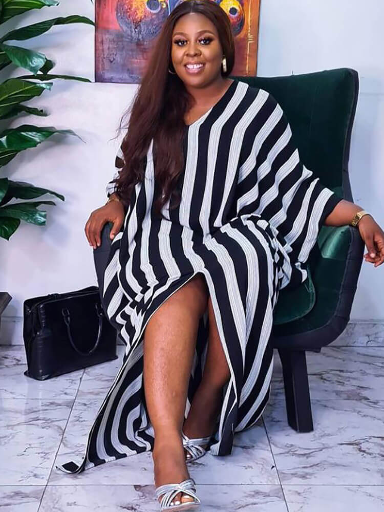 Long Sleeve Striped Split Maxi Dresses