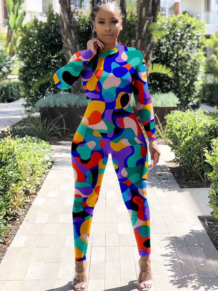Geometric Long Sleeve Printed Bodycon Jumpsuit