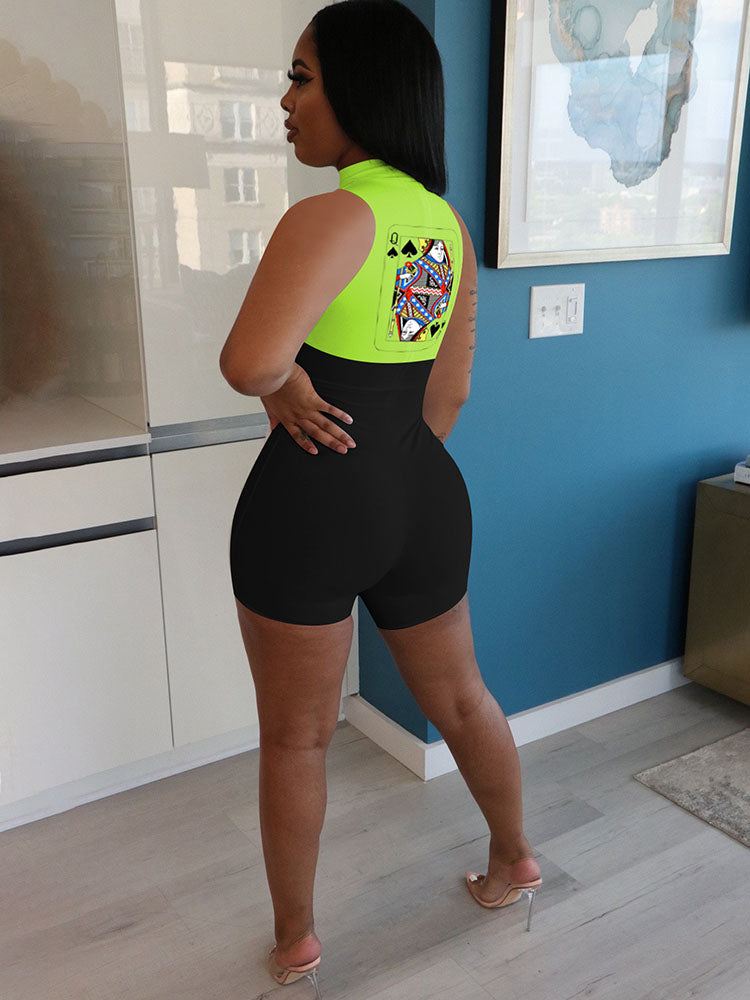 Plus Size Sleeveless Poker Patchwork Rompers