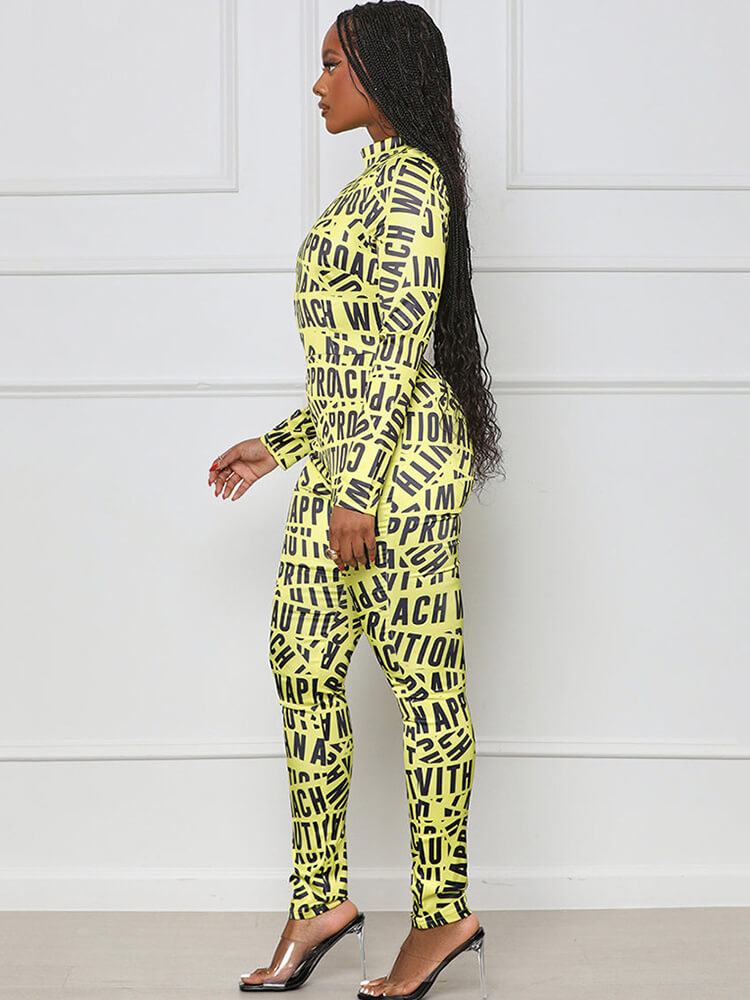 Long Sleeve Letter Print Bodycon Jumpsuits