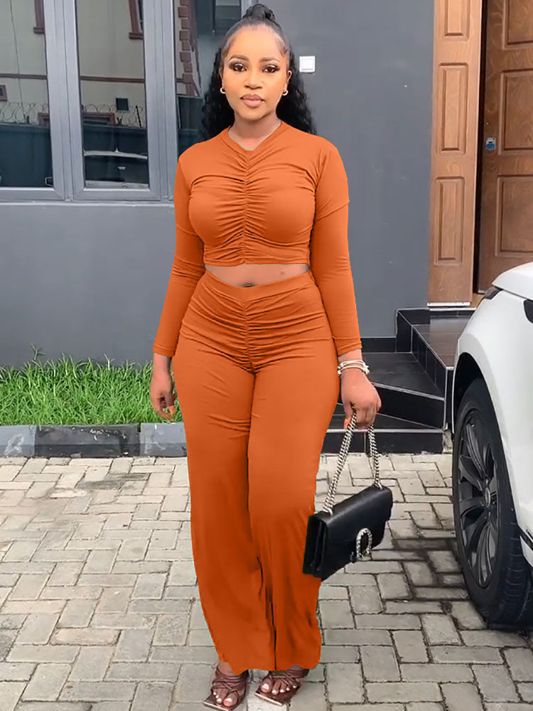 Two Piece Ruched Crop Top & Long Pants