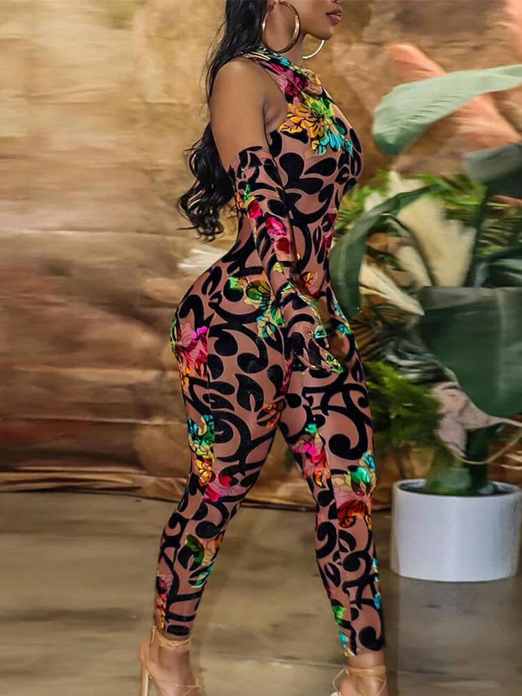 Mesh Floral Print Sleevelesss Bodycon Jumpsuits