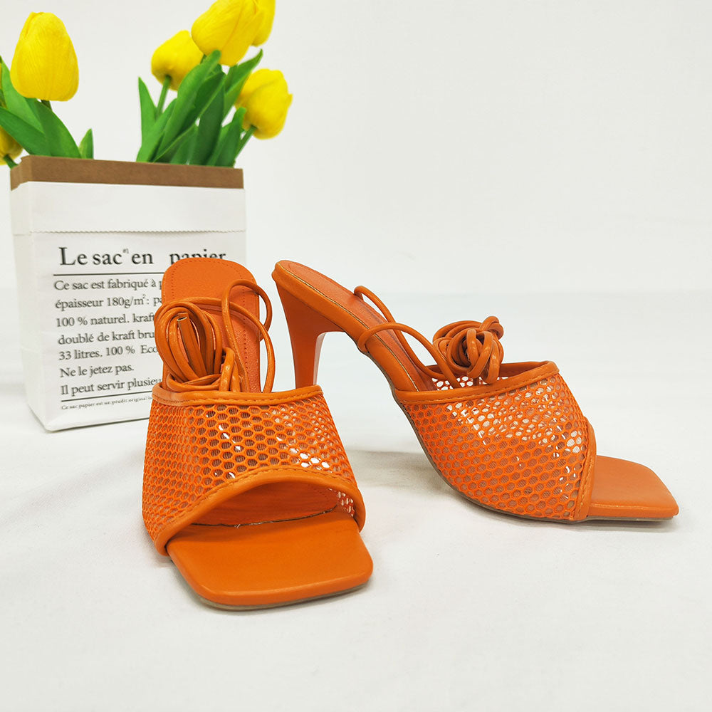 PU Tie Up Open Toe Heels