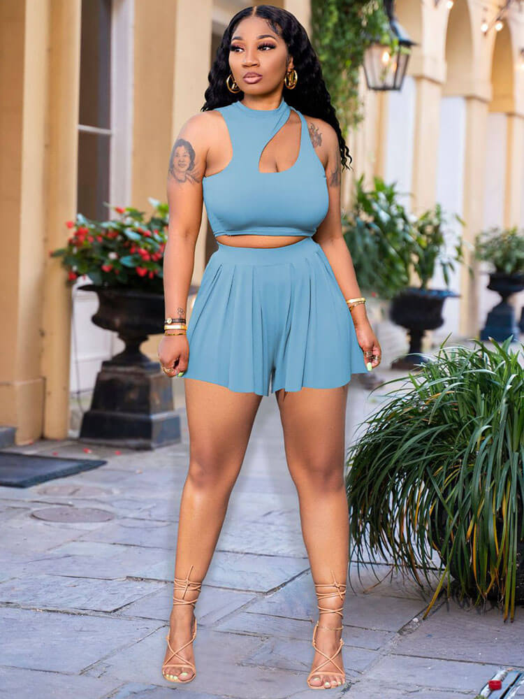 Two Piece Tank Crop Top Ruffle Shorts Outfits