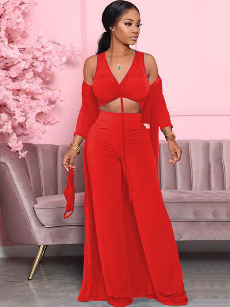 Three Piece Solid Color V Neck Pants Suit