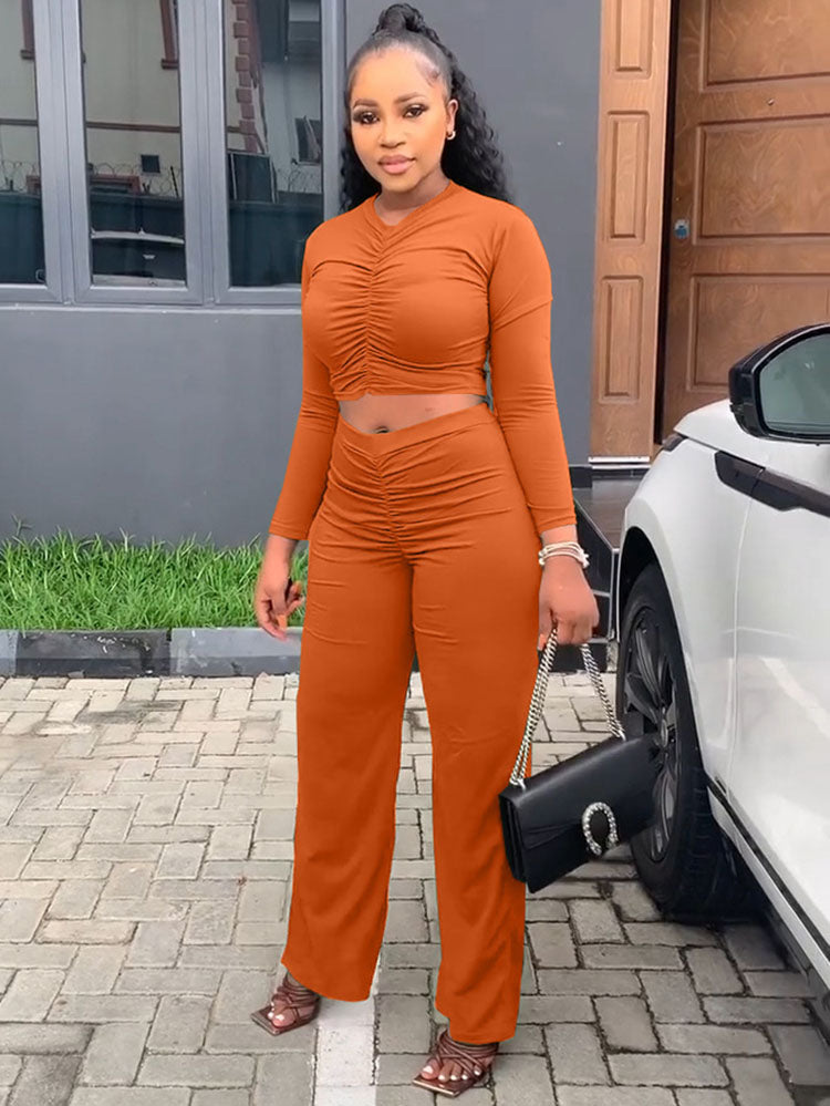 Two Piece Ruched Crop Top & Long Pants