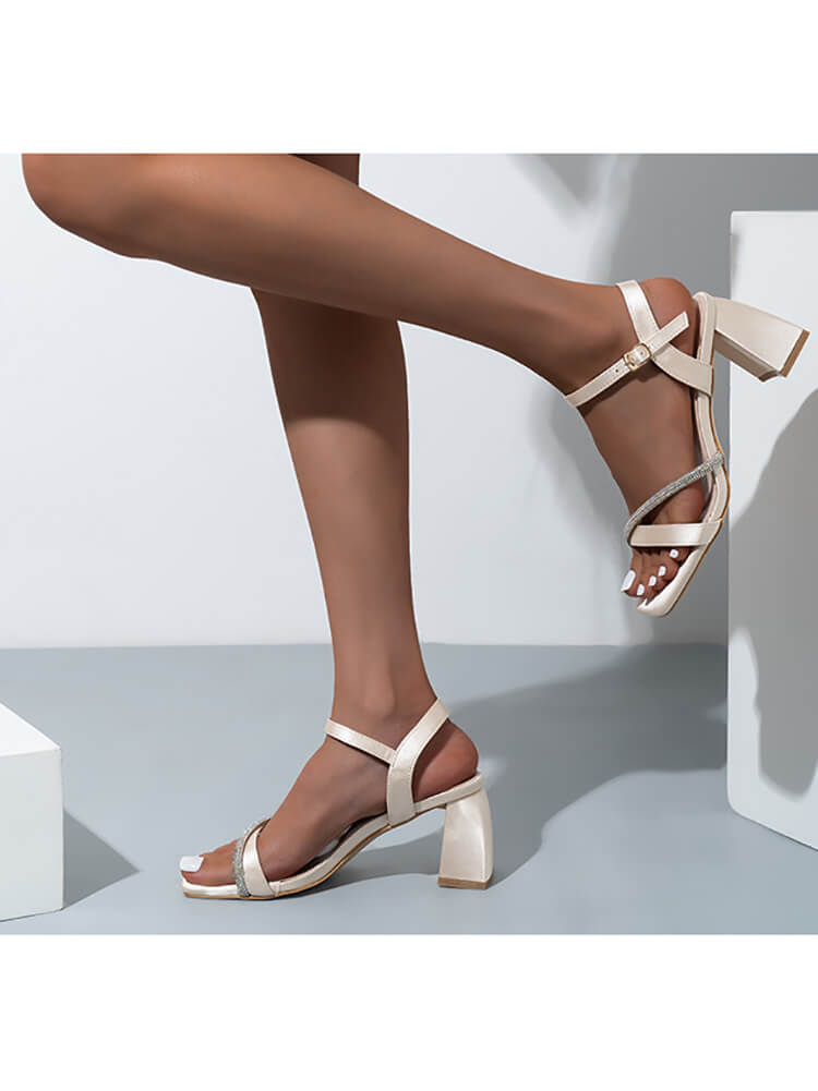 Rhinestone Ankle Strap Chunky Heel Sandal