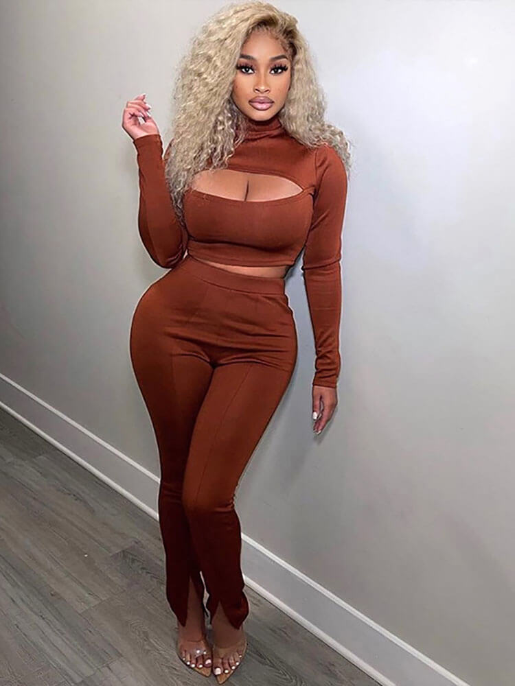 Long Sleeve Cutout Crop Top Bodycon Long Pants Set
