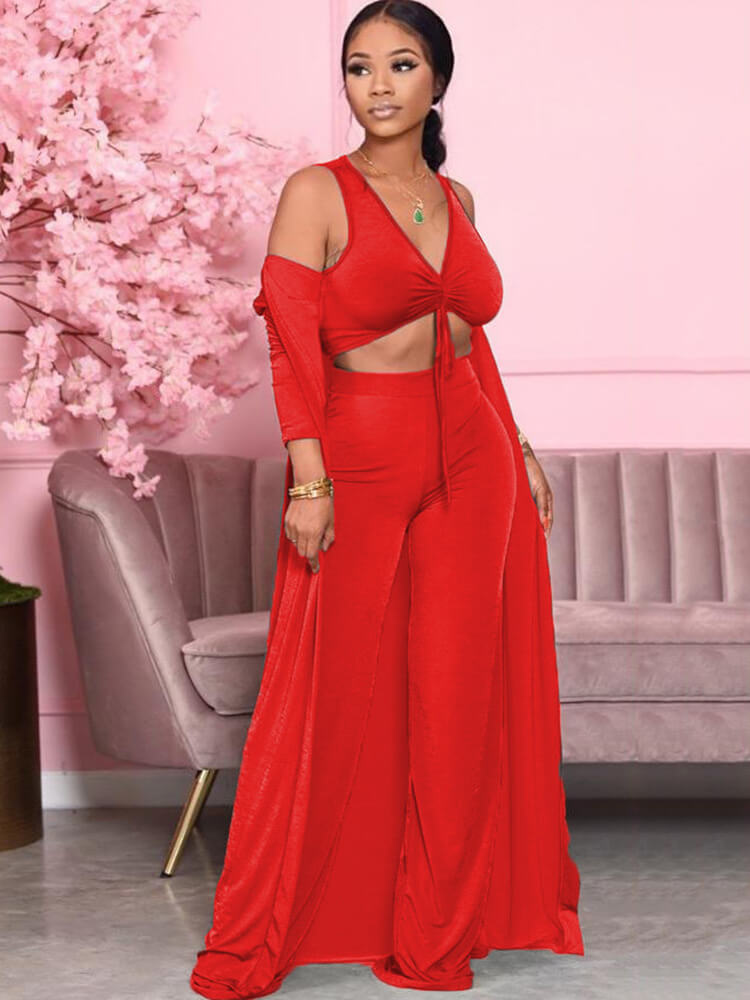 Three Piece Solid Color V Neck Pants Suit