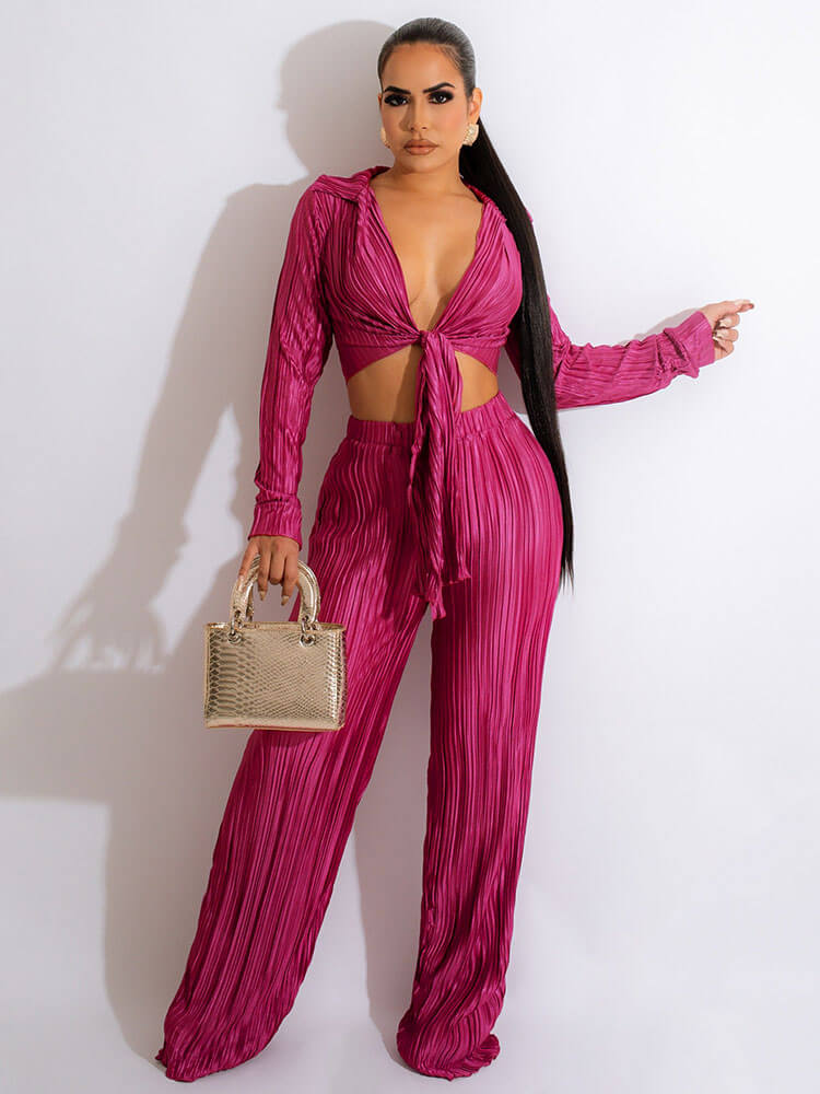 Two Piece Tie Up Ruched Wide Leg Outfits