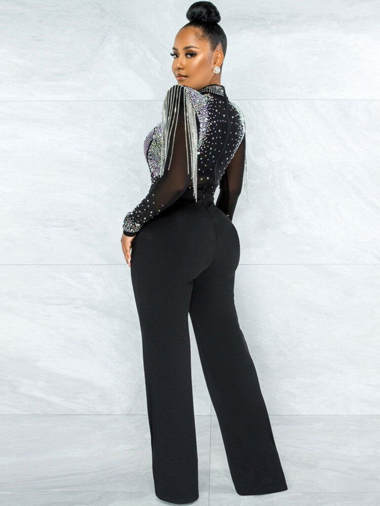 Mesh Long Sleeve Sequins Fringe jumpsuits