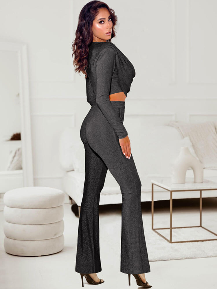 Glitter Cowl Neck Crop Top Flares Long Pants Set