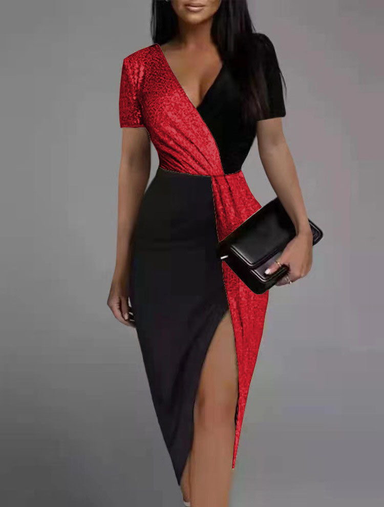 V Neck Wrap Slit Sparkly Midi Dresses