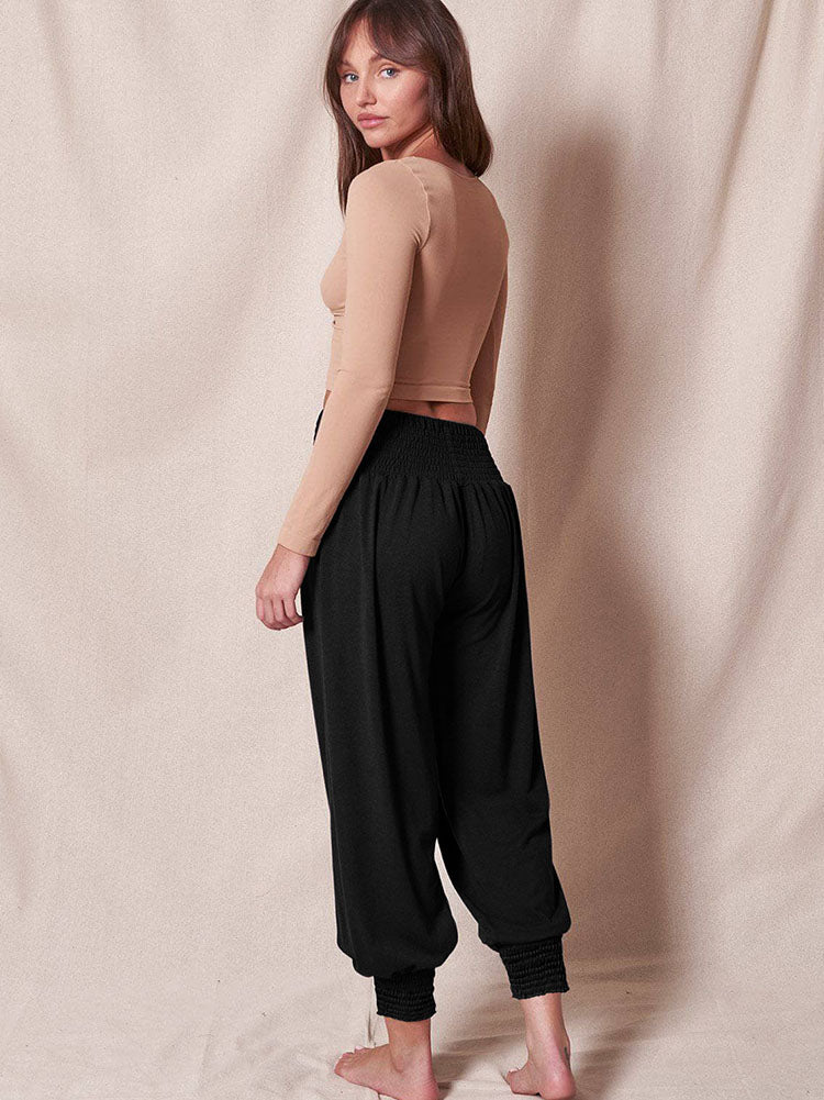 Elastic Waist Solid Color Loose Long Pants