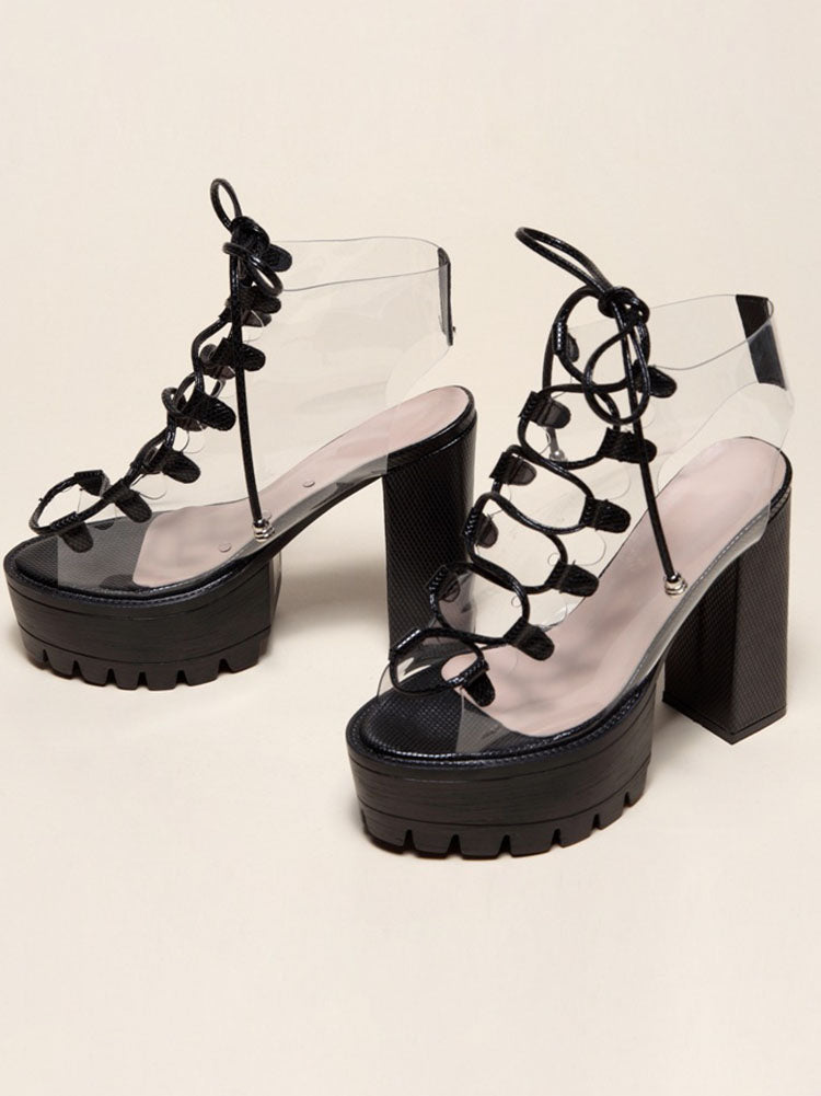 Transparent Lace Up Open-Toe Chunky Heels