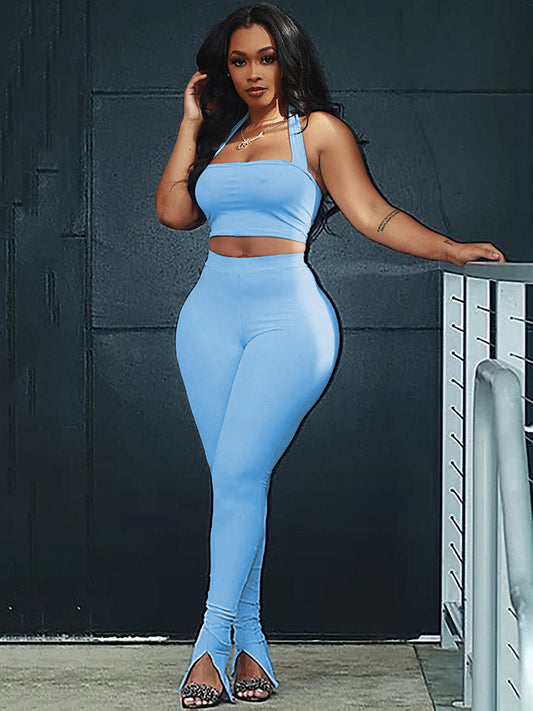 Two Piece Solid Color Tube Tops+Skinny Flare Pants Sets