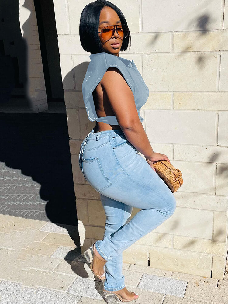 Denim Sleeveless Button Down Crop Tops