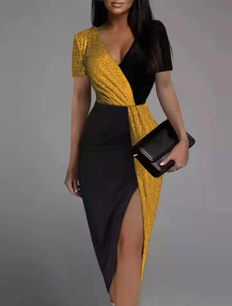 V Neck Wrap Slit Sparkly Midi Dresses