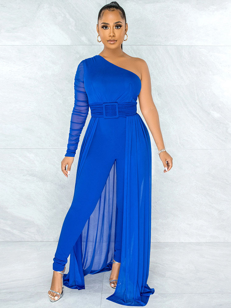 Mesh Patchwork One Shoulder Long Sleeve Jumpsuits