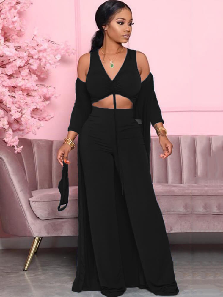 Three Piece Solid Color V Neck Pants Suit