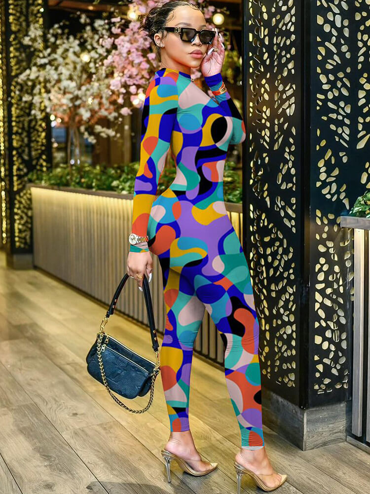 Geometric Long Sleeve Printed Bodycon Jumpsuit