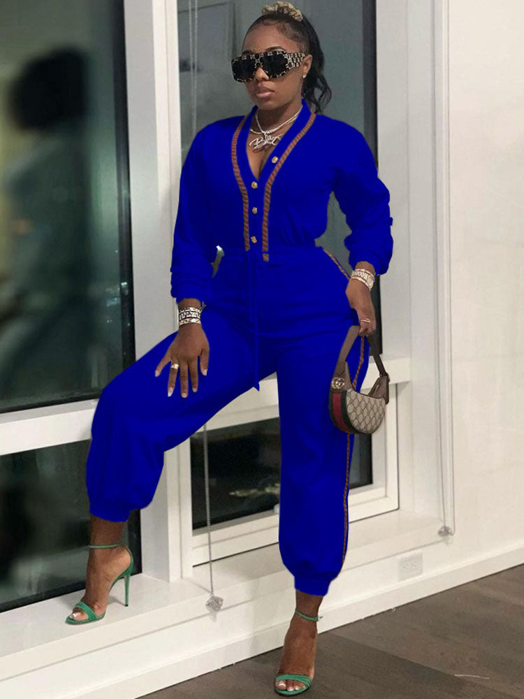 Long Sleeves Button Drawstring Jumpsuits