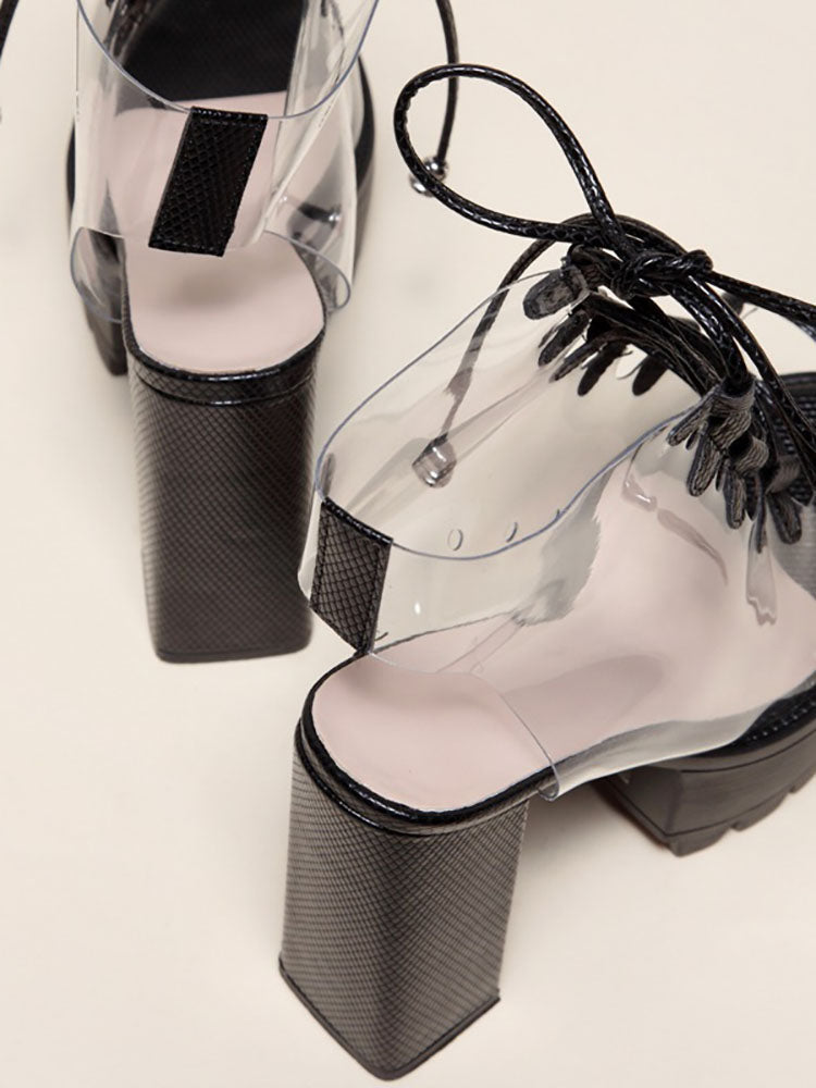 Transparent Lace Up Open-Toe Chunky Heels