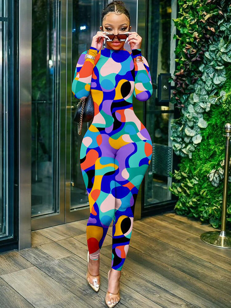 Geometric Long Sleeve Printed Bodycon Jumpsuit