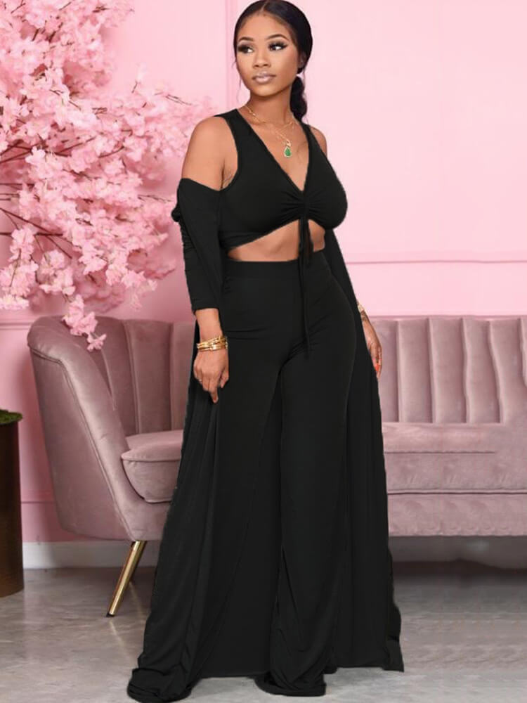 Three Piece Solid Color V Neck Pants Suit