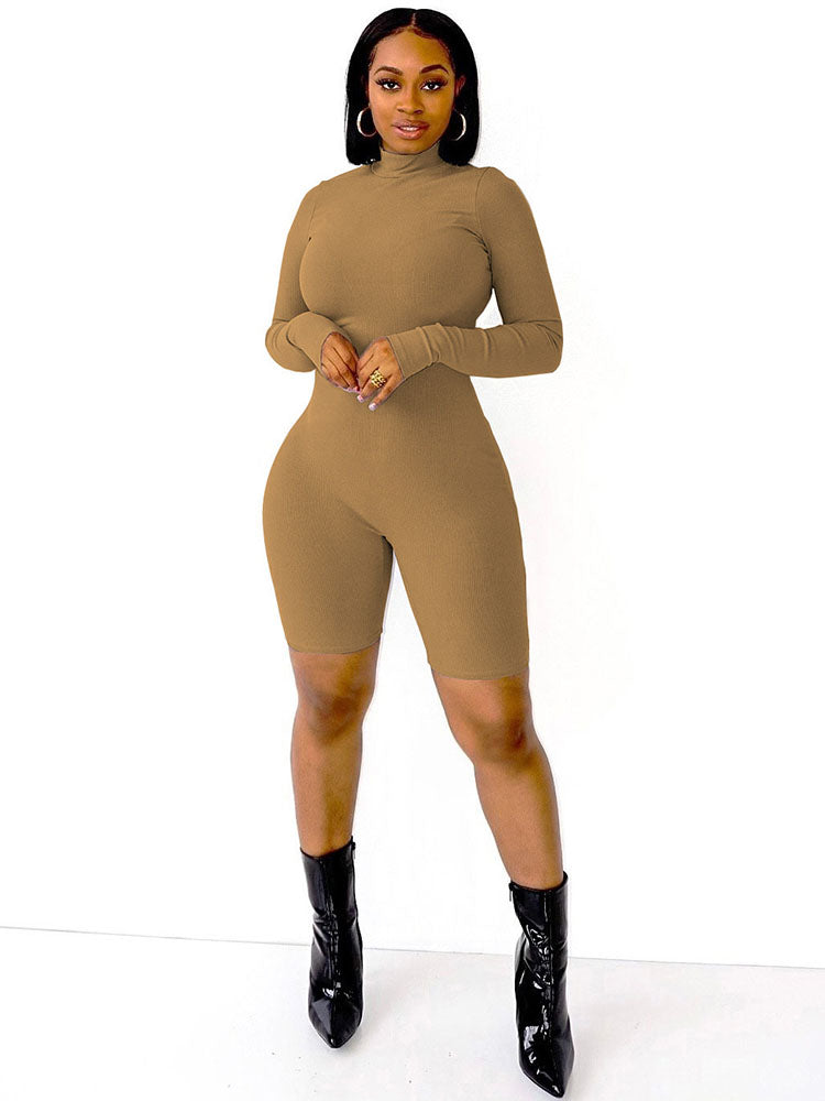 Long Sleeve Bodycon High Neck Ribbed Knit Jumpsuit