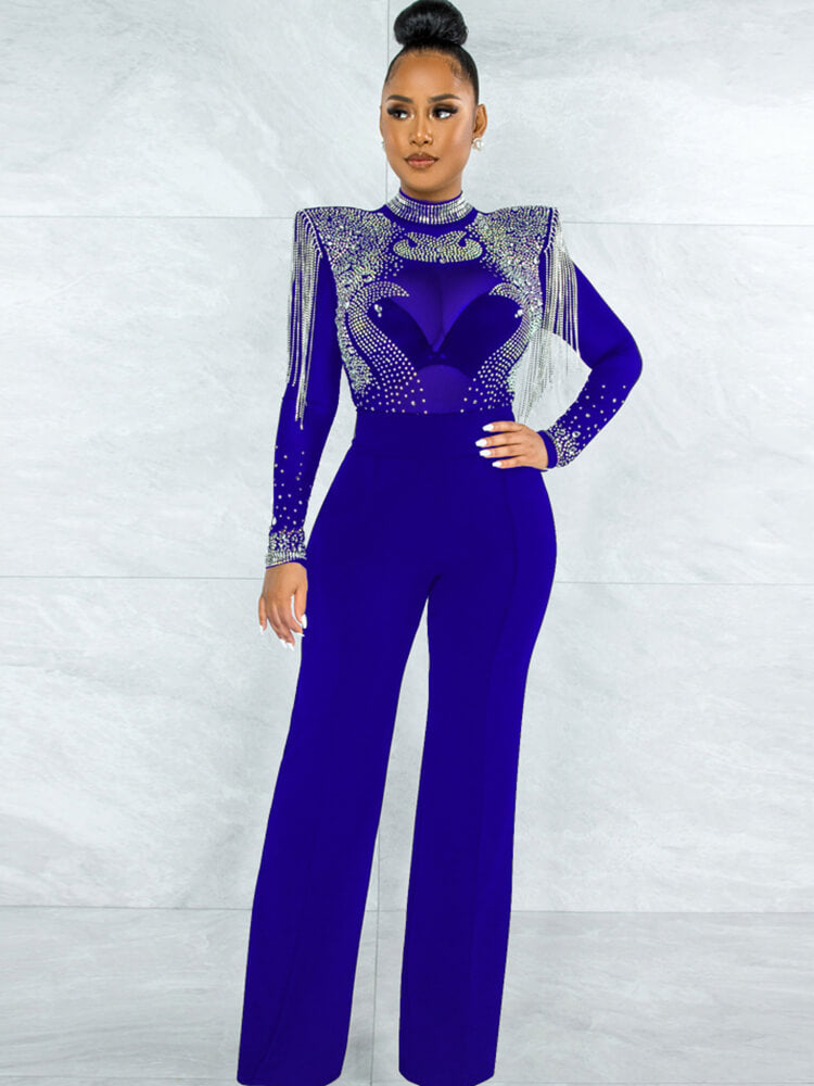 Mesh Long Sleeve Sequins Fringe jumpsuits