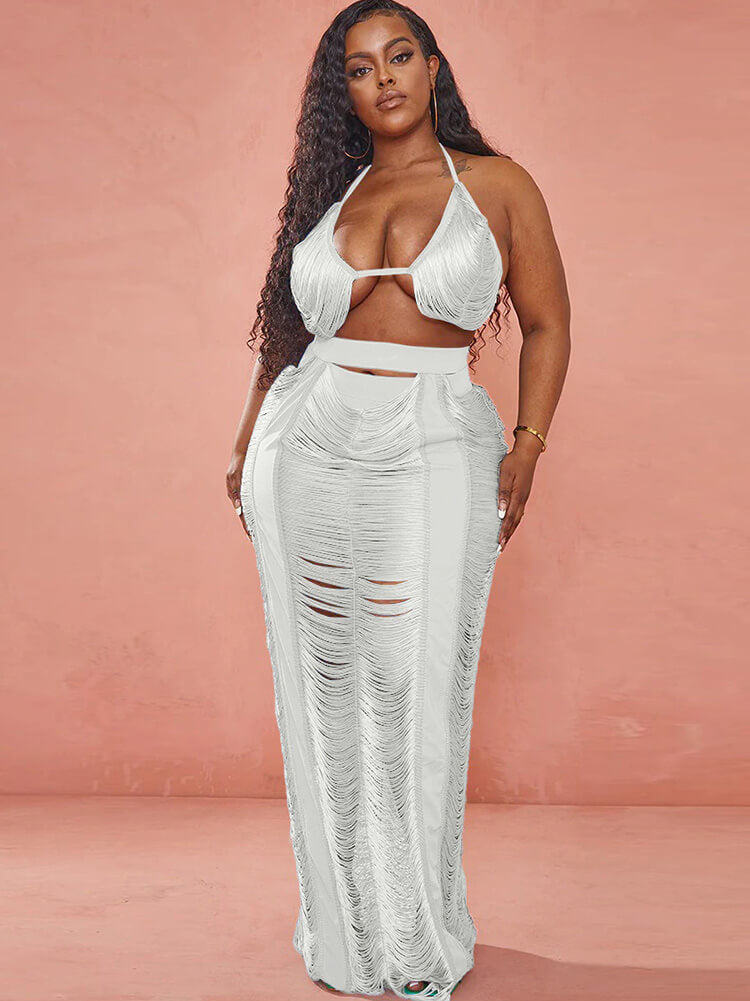 Two Piece Tassel Tops & HolLow Out Maxi Skrits