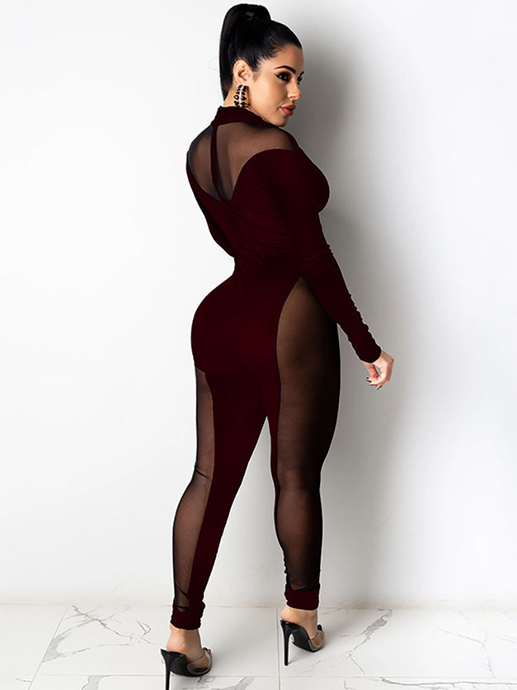 Mesh Long Sleeve Patchwork Jumpsuits