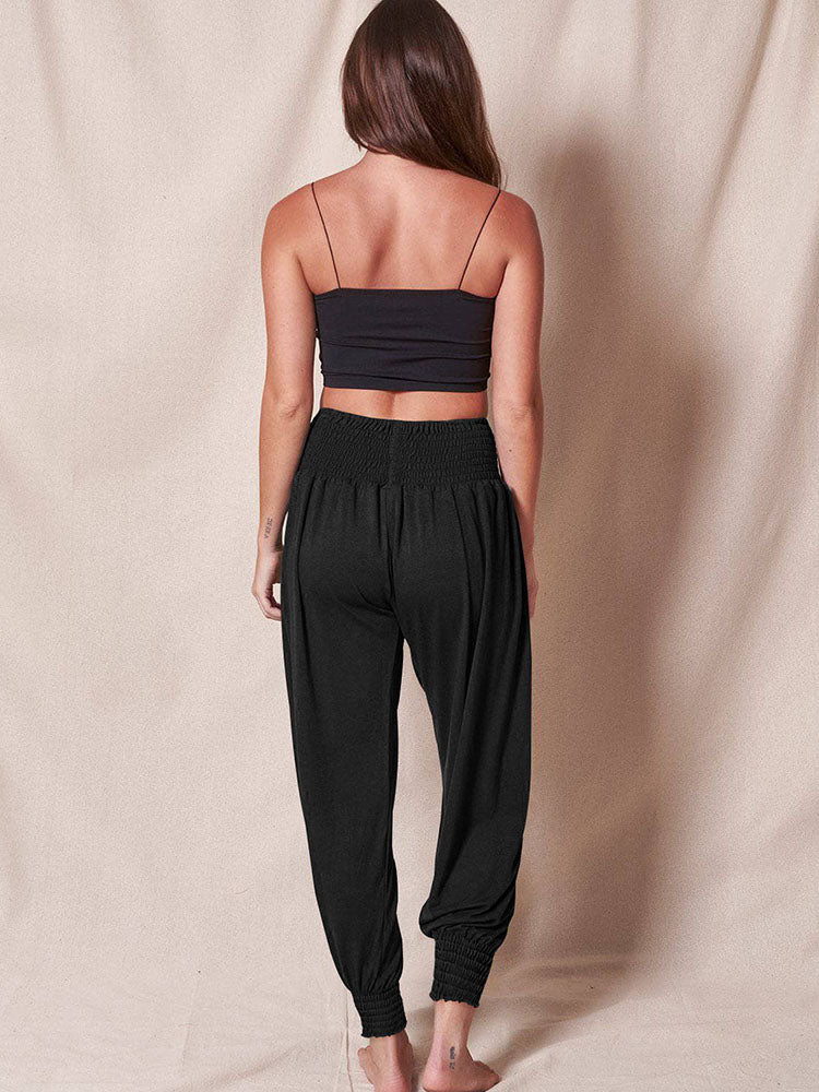 Elastic Waist Solid Color Loose Long Pants
