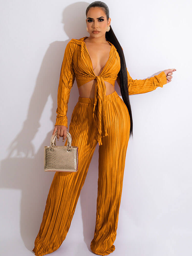 Two Piece Tie Up Ruched Wide Leg Outfits