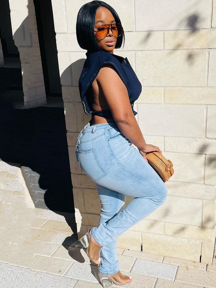 Denim Sleeveless Button Down Crop Tops