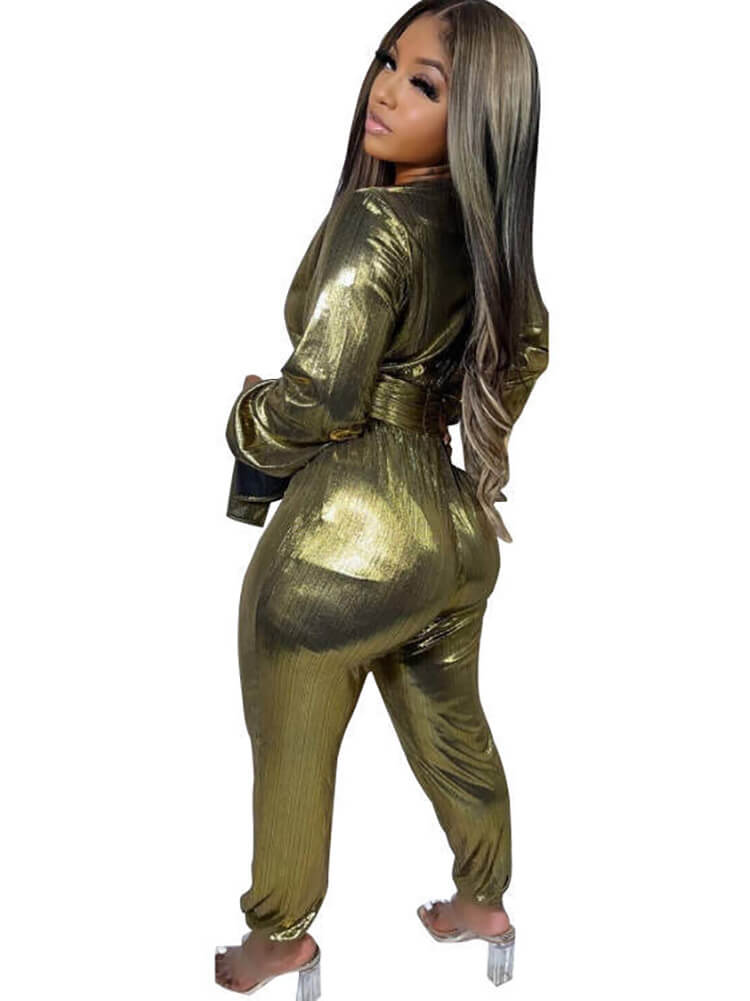 Glitter Long Sleeve V Neck Bodycon Jumpsuit